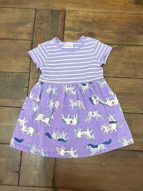 Hanna Andersson Girls Purple Striped Horse Print Short Sleeve Pocket Dress  US 4